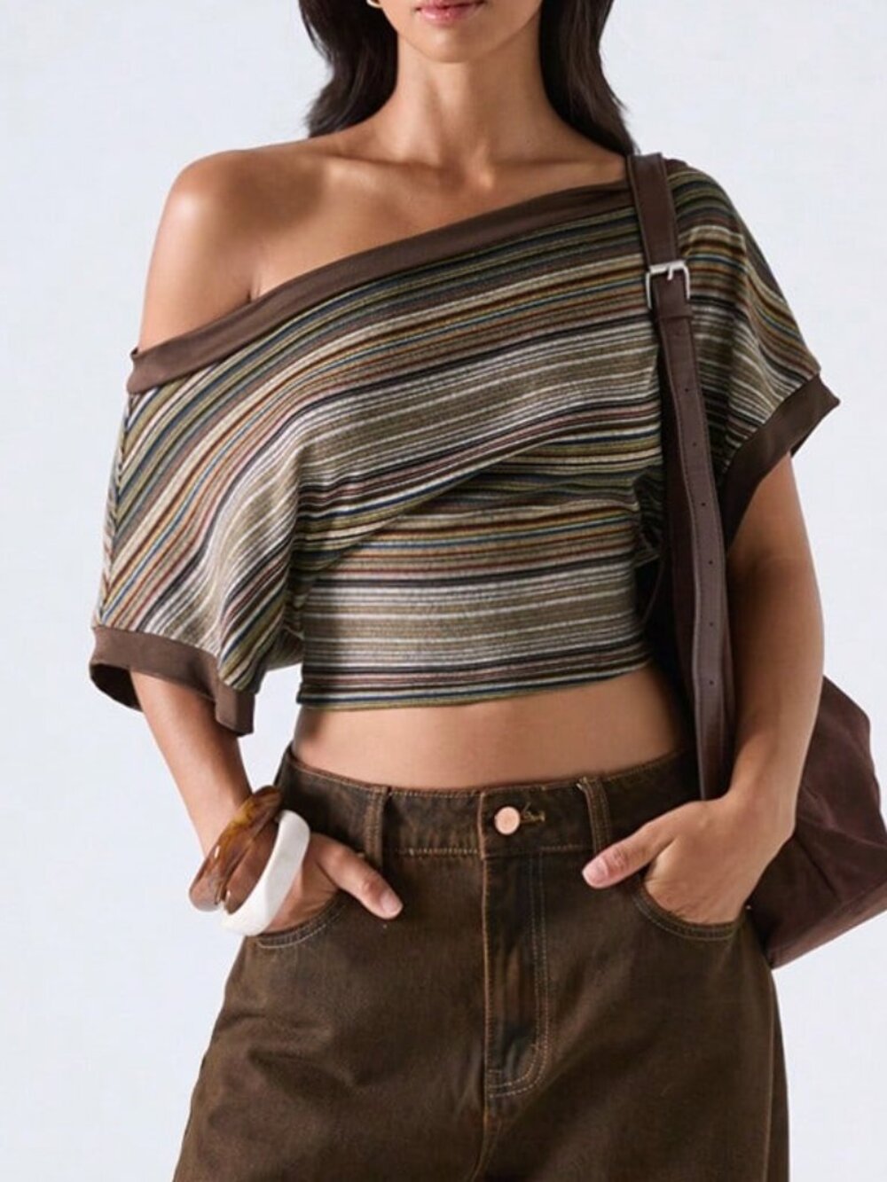 Multicolor Casual Women's Striped Colorblock Asymmetric Shoulder Top